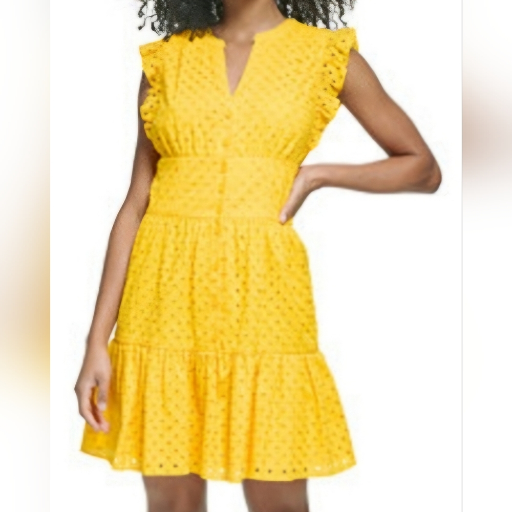 KARL LAGERFELD NWT YELLOW EYELET DRESS sz2 button front closure